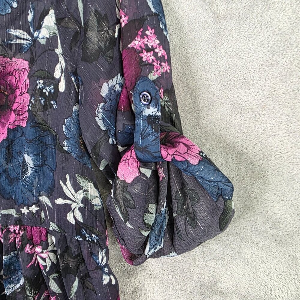 Womens Torrid Black Pink & Metallic Gold Flowy Hi Lo Top Button Up V Neck Size 2 - Picture 2 of 8